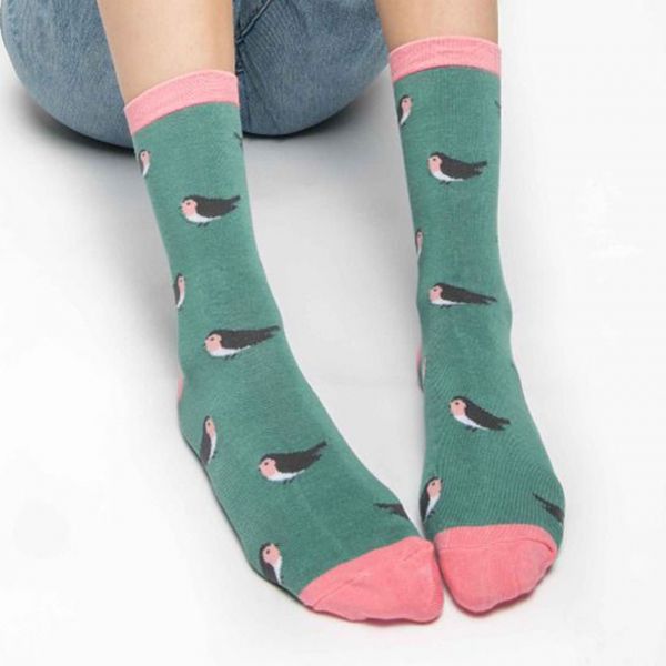 Miss Sparrow Socken Rotkehlchen grün